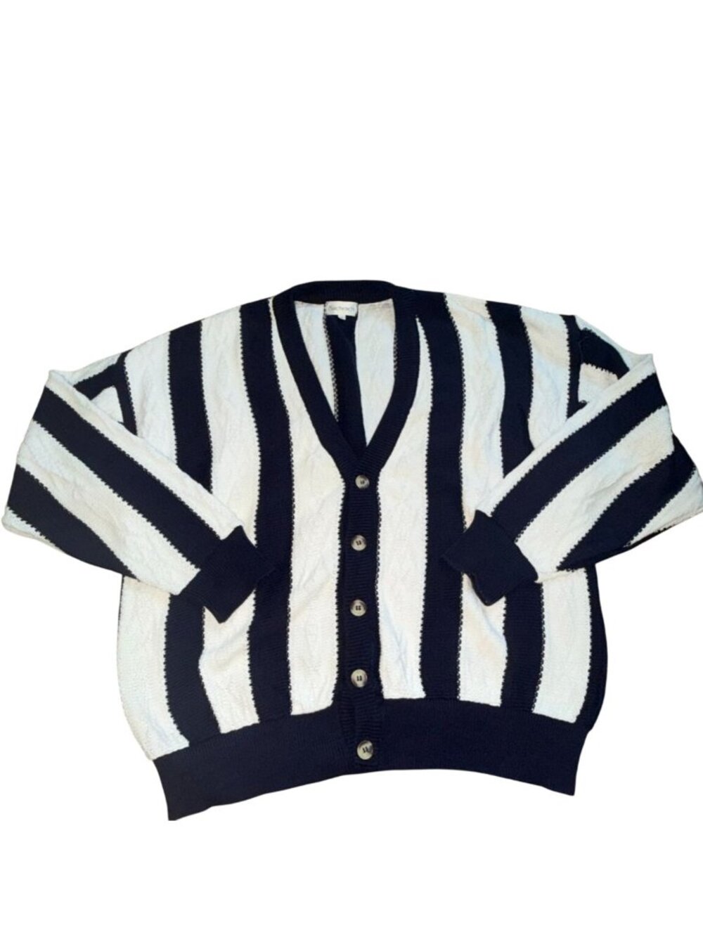 Vintage Bachrach Cable Knit Textured Striped Knit Cardigan-Blue/White-XL-GUC